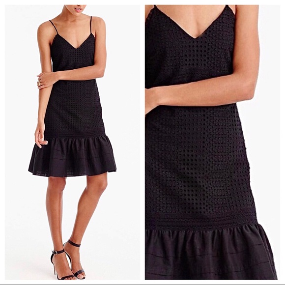 J Crew Drop waist eyelet lace dress ruffle trim black cotton 2